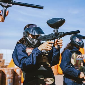 Team enjoying a paintball session in Morocco